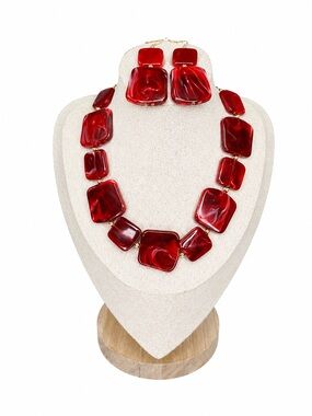 Vintage Style Red Lucite Statement Necklace & Earrings Set